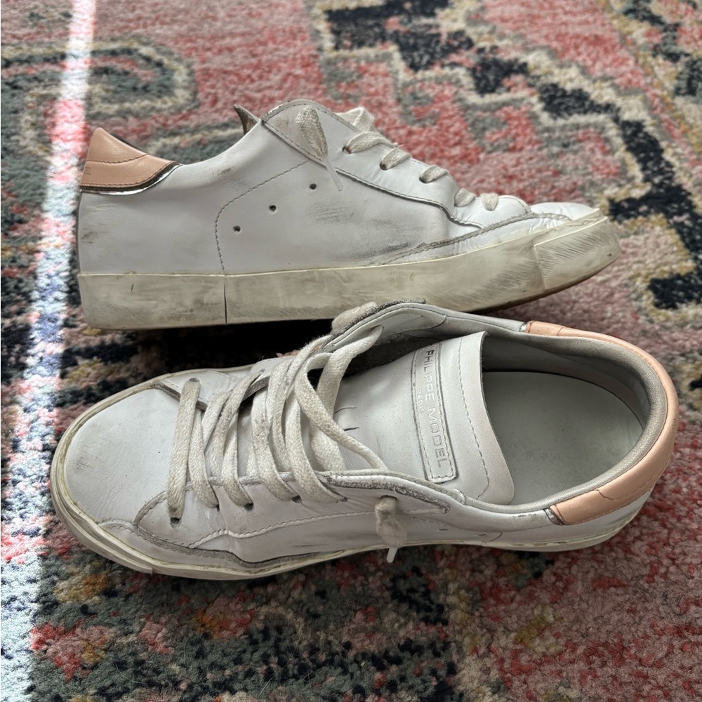 size 7 philippe model low top white leather sneakers